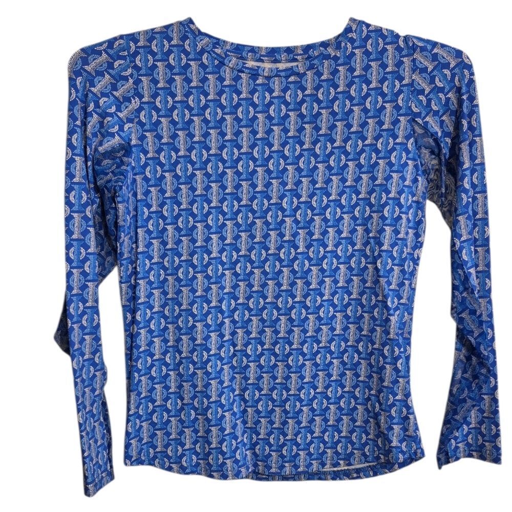Icikuls Blue Long Sleeve Crew Neck Top With Sheer Panels On Sleeves Golf Xs